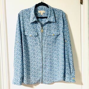 Michael Michael Kors XL blue Print Zip front roll tab sleeve snap pocket blouse